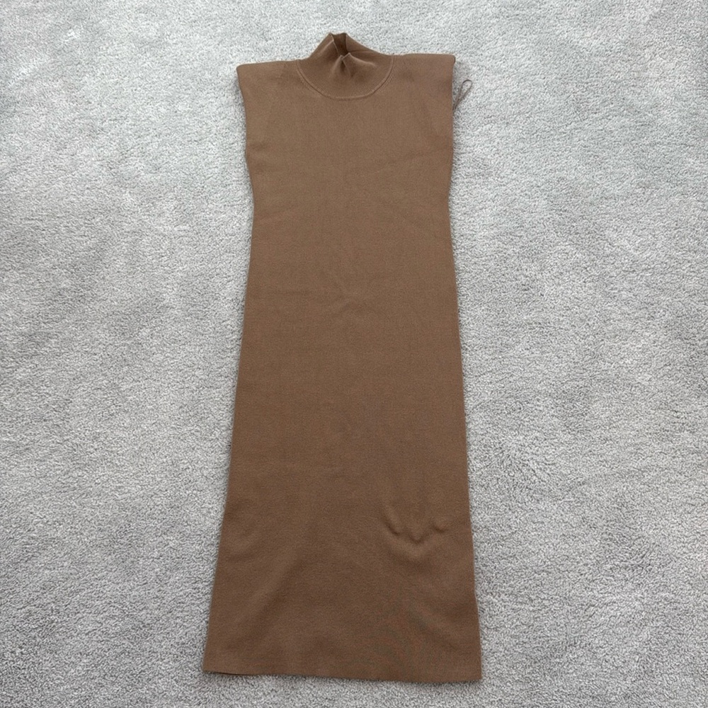 Camel mock turtleneck sweater dress.